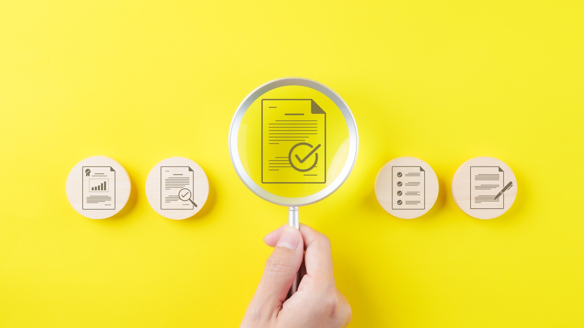 Document quality control concept. Magnifying glass focus on correct sign mark with document approve paperless and quality assurance approved. Checklist document analyst. Quality certificate Management